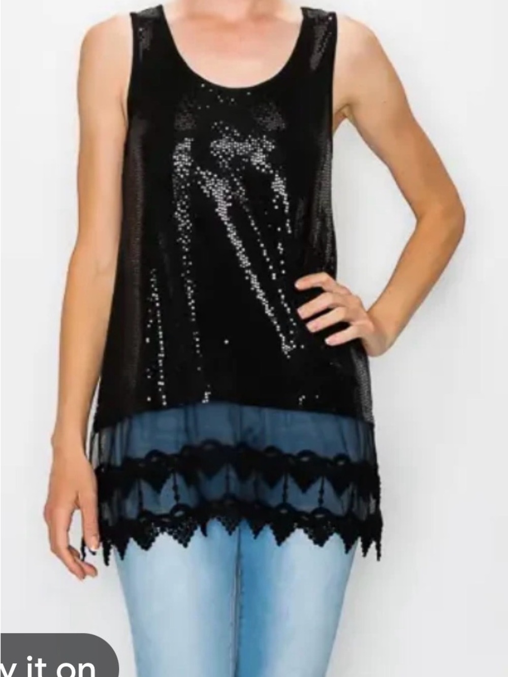 Black Sequin Tank Top with Lace-Trim Hem